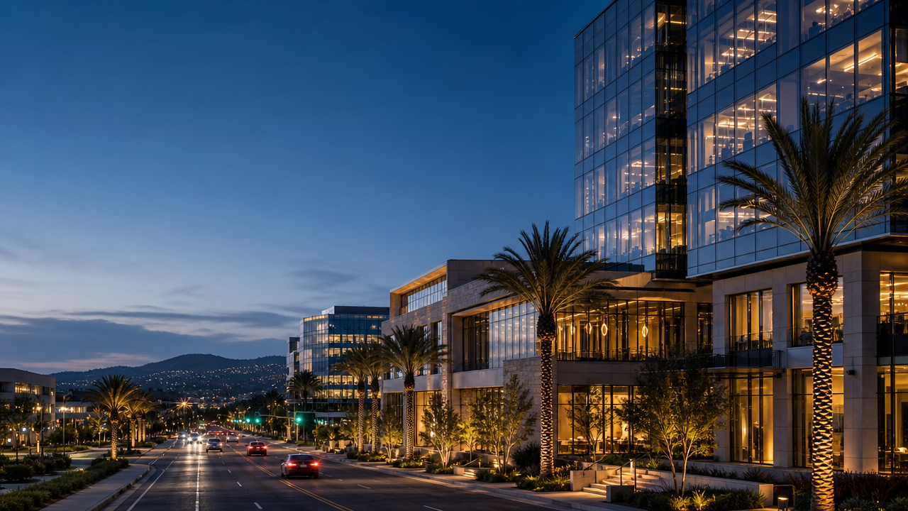 Modern California commercial district at blue hour
