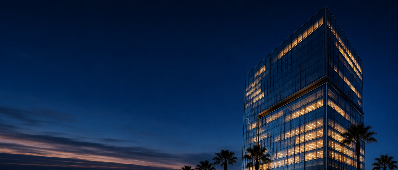 Modern glass office tower at dusk with warm golden windows