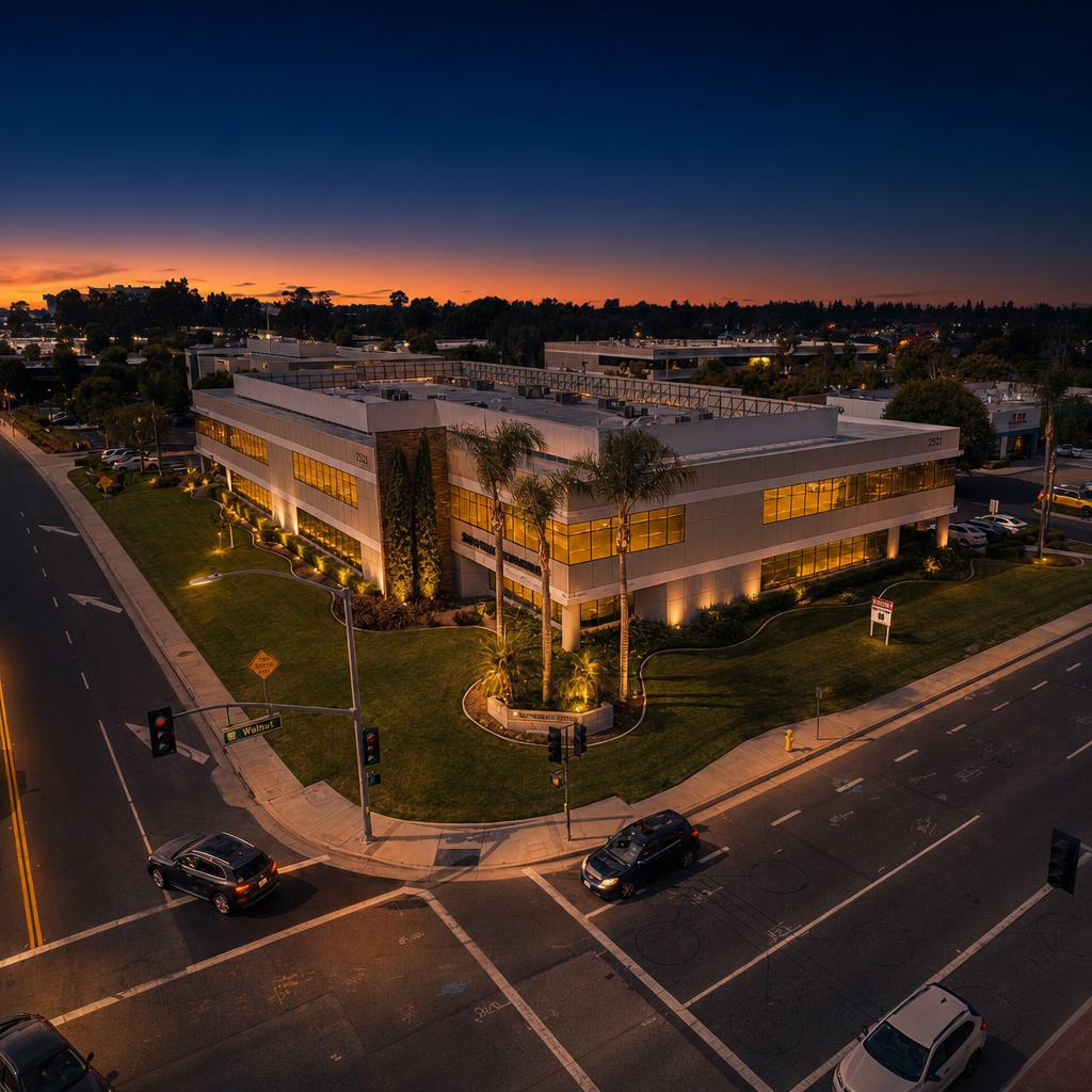 Aerial view of a commercial office building surrounded by green lawns