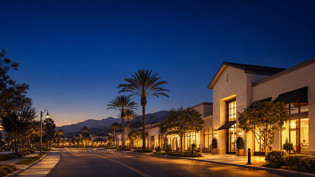 Upscale Southern California retail street at dusk with palm trees and warm storefronts