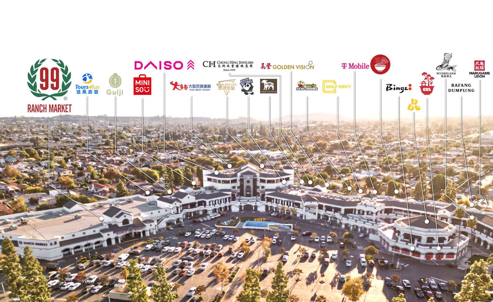 Aerial view of TAWA Gateway in San Gabriel with its tenant logos