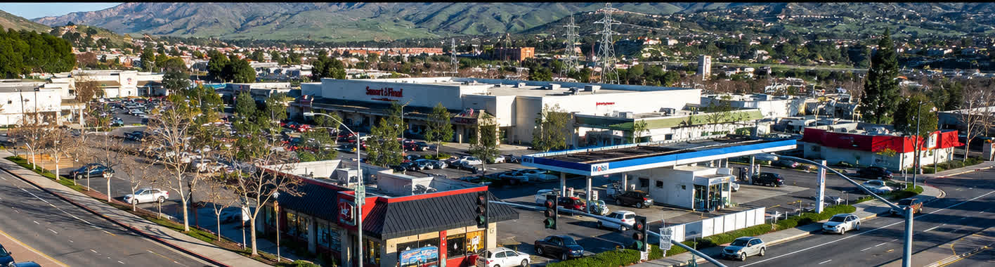 Aerial view of Yorba Canyon Center in Yorba Linda with the foothills behind